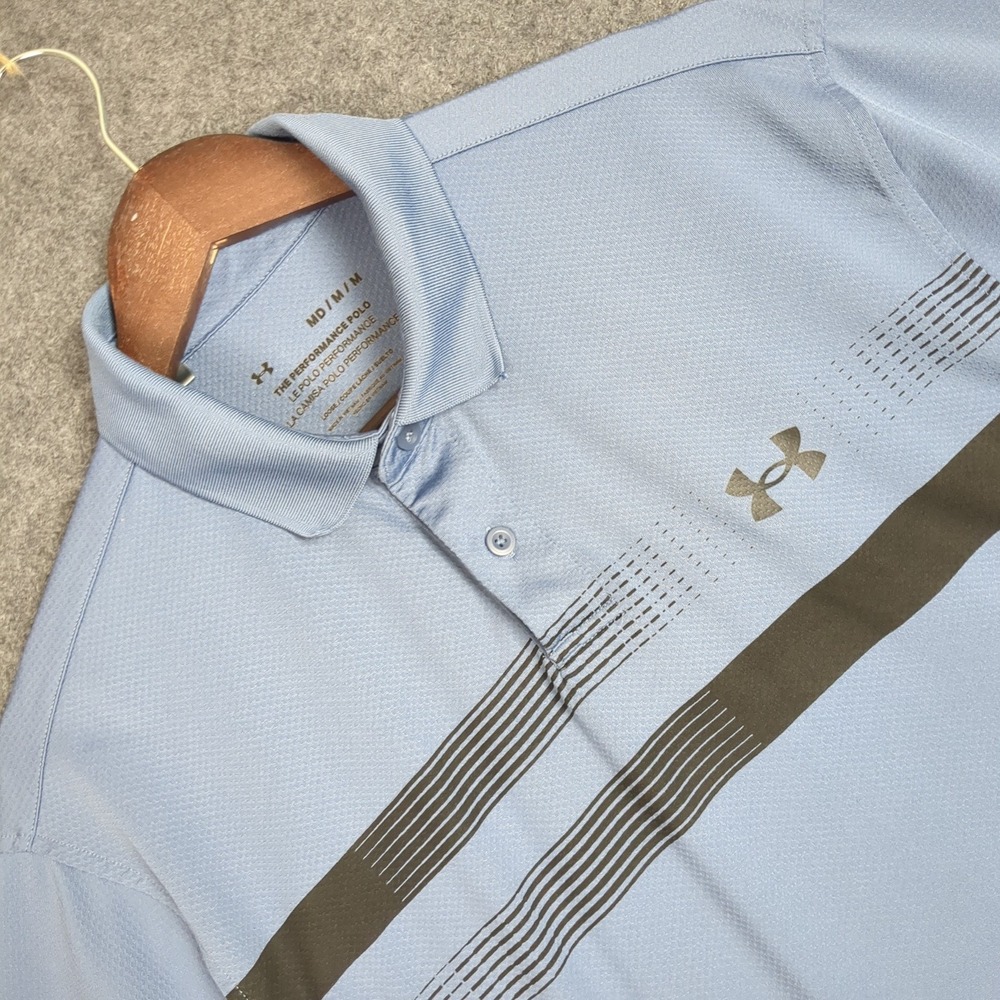 Under Armour Mens Performance Polo Shirt Light Blue Striped Loose Fit Medium